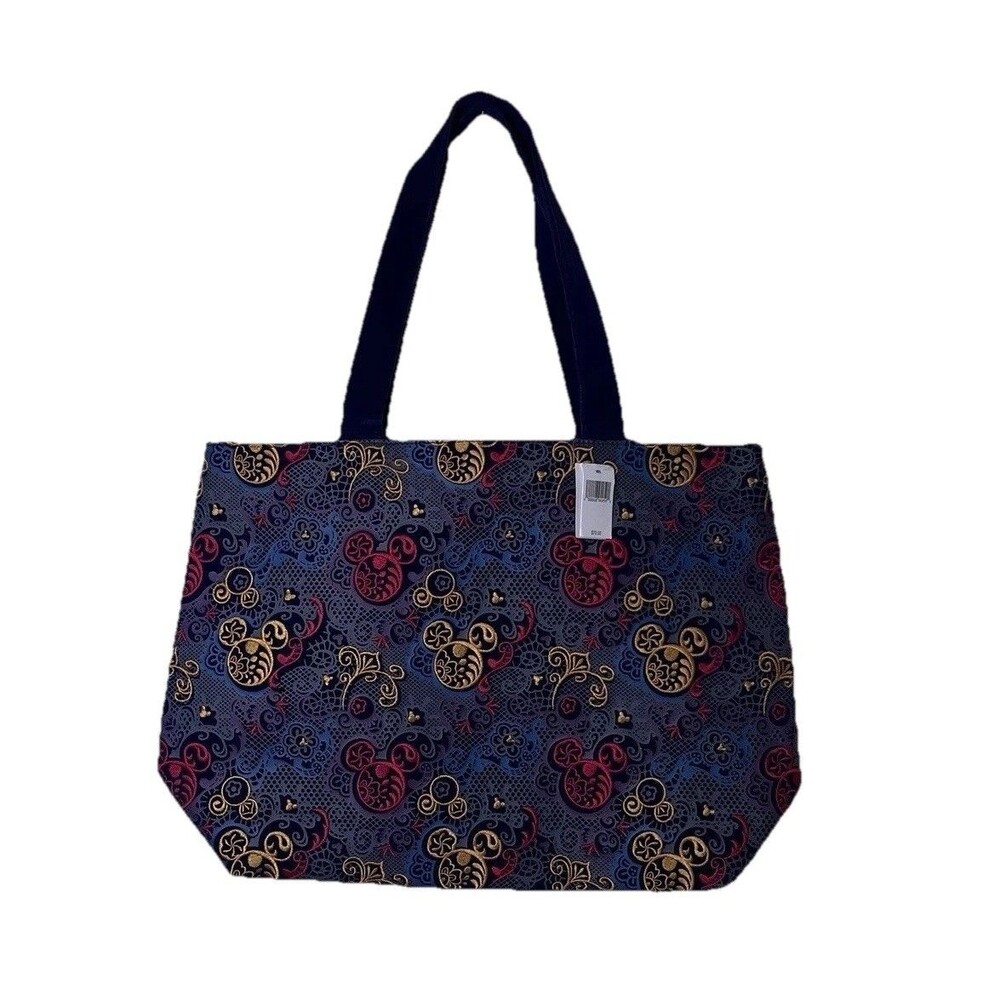 Disney Parks Embroidered Mickey Mouse Large Tote Bag Velveteen Purple Blue NWT